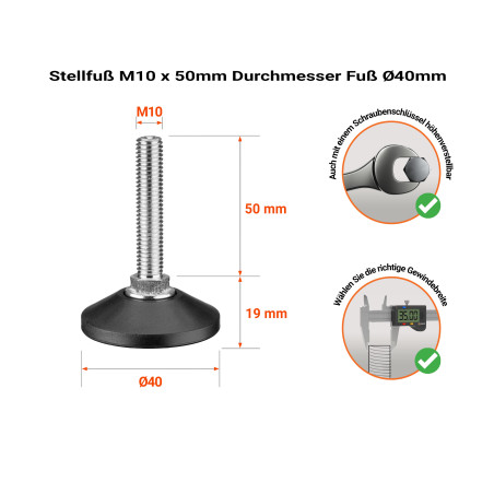 Verstellschraube M10x50 - FI40, Möbelfuß, Justierfuß