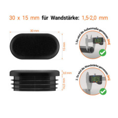  Technische Zeichnung: Ovaler Stopfen 30x15 mm mit Wandstärke 1,5-2,0 mm und Messanleitung mit Messschieber