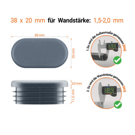 Lamellenstopfen oval 38x20 mm Anthrazit 10 Stück Technische Zeichnung: Ovaler Stopfen 38x20 mm mit Wandstärke 1,5-2,0 mm und Messanleitung mit Messschieber