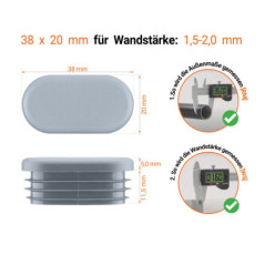  Technische Zeichnung: Ovaler Stopfen 38x20 mm mit Wandstärke 1,5-2,0 mm und Messanleitung mit Messschieber