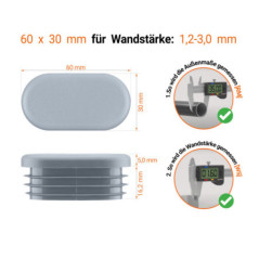  Technische Zeichnung: Ovaler Stopfen 60x30 mm mit Wandstärke 1,2-3,0 mm und Messanleitung mit Messschieber