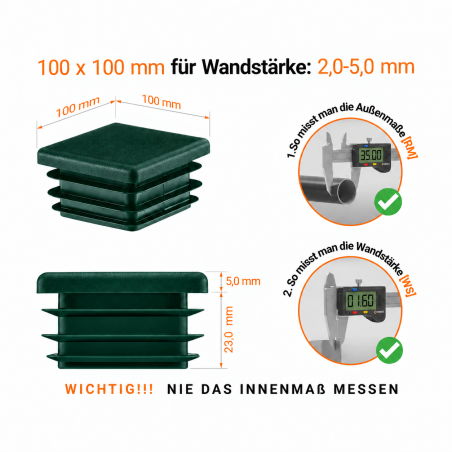 Lamellenstopfen für Vierkantrohr 100x100 mm Grün Lamellenstopfen Vierkant 100x100 mm Grün – PE Endkappen | EMFA
