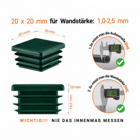 Lamellenstopfen Vierkant 20x20 mm Grün – PE Endkappen | EMFA