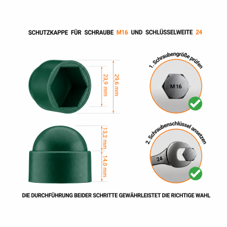 Schutzkappen für Schrauben M16 Schlüsselweite 24 Grün Schutzkappen für Sechskantschrauben M16 SW 24 Grün | EMFA