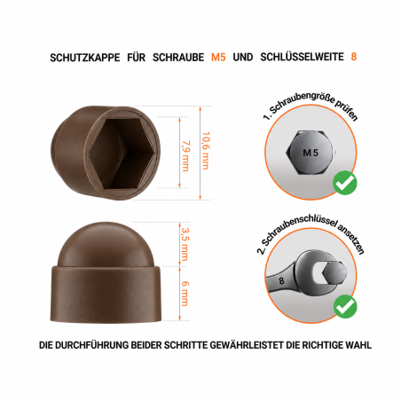 Schutzkappen für Schrauben M5 Schlüsselweite 8 Braun Schutzkappen für Sechskantschrauben M5 SW 8 Braun | EMFA