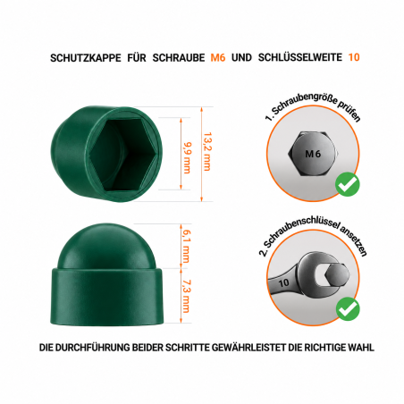 Schutzkappen für Schrauben M6 Schlüsselweite 10 Grün Schutzkappen für Sechskantschrauben M6 SW 10 Grün | EMFA