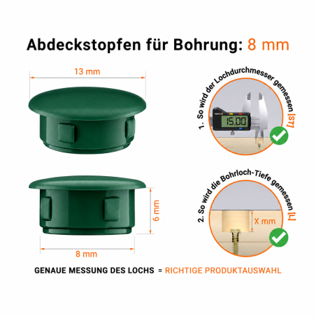 Abdeckkappen für Bohrlöcher 8 mm Grün – Blindstopfen EMFA