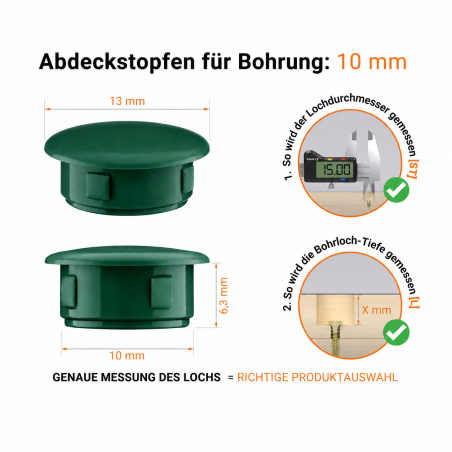 Abdeckkappen für Bohrlöcher 13x10 mm Grün Abdeckkappen für Bohrlöcher 10 mm Grün – Blindstopfen EMFA
