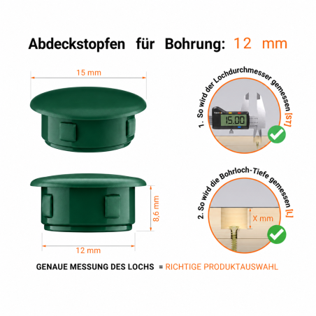 Abdeckkappen für Bohrlöcher 12 mm Grün – Blindstopfen EMFA