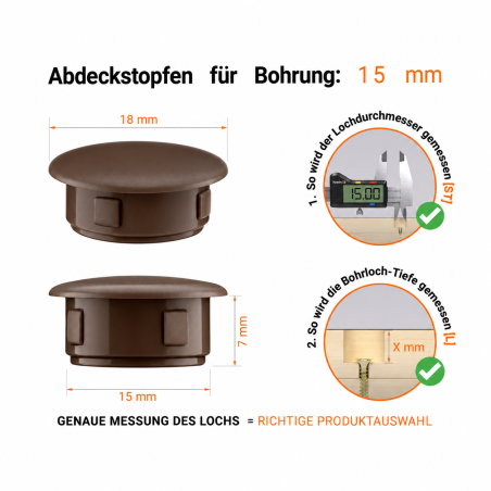 Abdeckkappen für Bohrlöcher 15 mm Braun – Blindstopfen EMFA