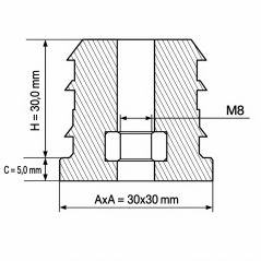 Verstärkter Gewindeeinsatz für Vierkantrohre mit Metallgewinde 30x30 mm M8 Schwarz