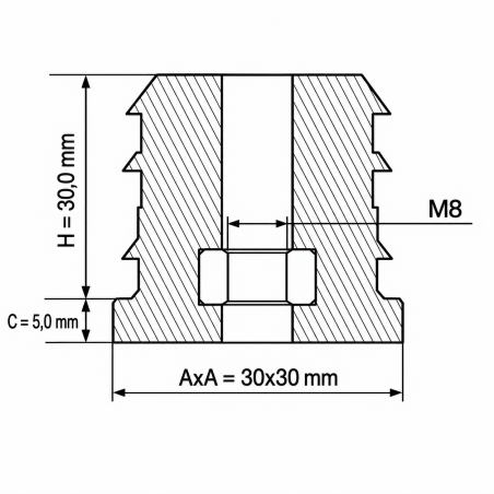 Verstärkter Gewindeeinsatz für Vierkantrohre mit Metallgewinde 30x30 mm M8 Kunststoffeinsatz mit Metallgewinde 30x30 EMFA GmbH