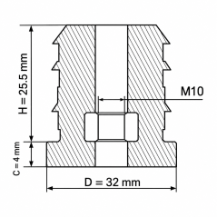 Gewindeeinsatz für Rundrohre mit Metallgewinde 32 mm M10 Schwarz