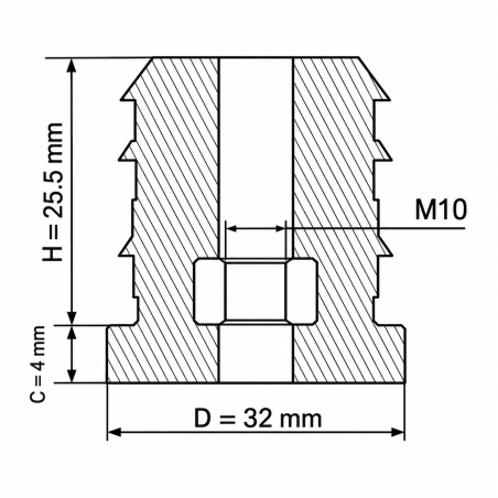 Gewindeeinsatz für Rundrohre mit Metallgewinde 32 mm M10 Gewindeeinsatz für Rundrohre EMFA GmbH
