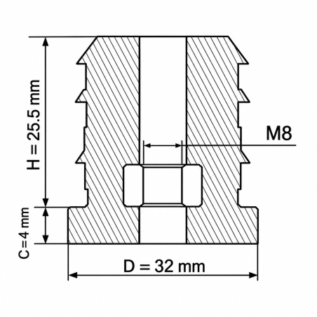 Gewindeeinsatz für Rundrohre mit Metallgewinde 32 mm M8 Gewindeeinsatz für Rundrohre EMFA GmbH