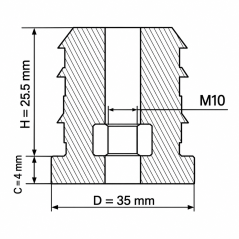 Gewindeeinsatz für Rundrohre mit Metallgewinde 35 mm M10 Schwarz