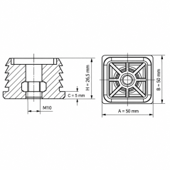 Gewindeeinsatz für Vierkantrohre mit Metallgewinde 50x50 mm M10 Schwarz