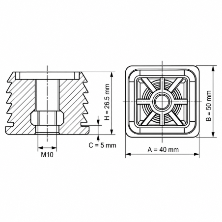 Gewindeeinsatz für Rechteckrohre mit Metallgewinde 40x50 mm M10 Gewindemuffe für Rechteckrohre 40x50 EMFA GmbH