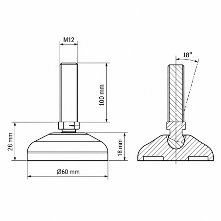 Verstärkter Gelenkstellfuß Ø60 M12x100 Maschinenfuß EMFA GmbH