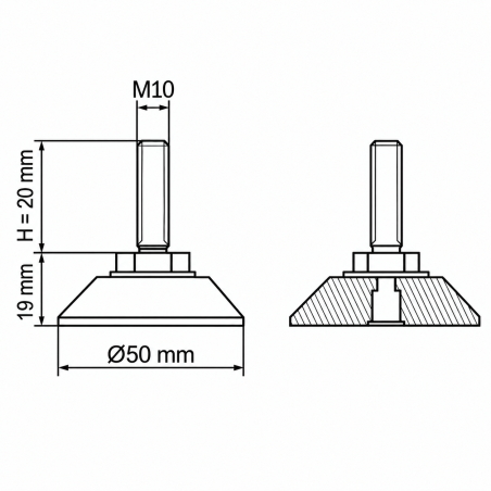 Verchromter Gelenkstellfuß Ø50 M10x20 Nivellierfuß EMFA GmbH