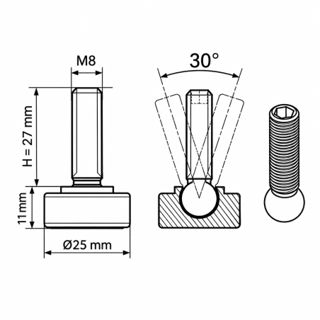 Justierfuß mit Gelenk Ø25 M8x27 Stellfuß für Möbel EMFA GmbH