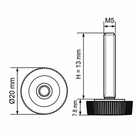 Rändel-Stellfuß Ø20 M5x13 - FI20 Stellfuß für Möbel EMFA GmbH