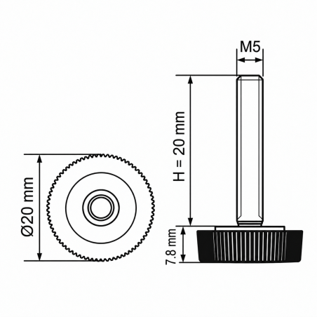Rändel-Stellfuß Ø20 M5x20 - FI20 Stellfuß für Möbel EMFA GmbH