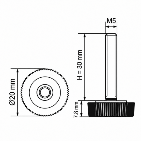 Rändel-Stellfuß Ø20 M5x30 - FI20 Stellfuß für Möbel EMFA GmbH