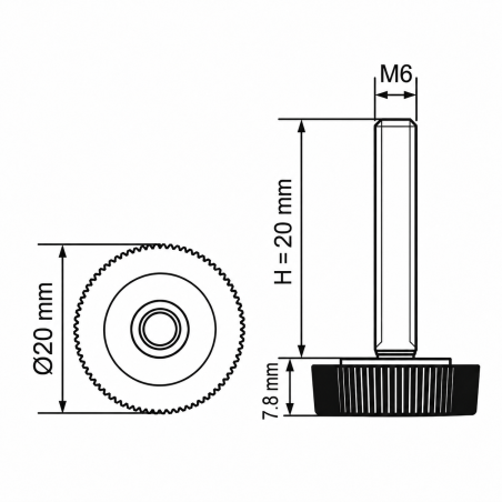 Rändel-Stellfuß Ø20 M6x20 - FI20 Stellfuß für Möbel EMFA GmbH