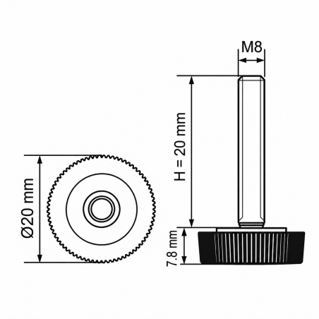 Rändel-Stellfuß Ø20 M8x20 - FI20 Stellfuß für Möbel EMFA GmbH