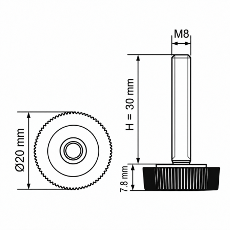Rändel-Stellfuß Ø20 M8x30 - FI20 Stellfuß für Möbel EMFA GmbH