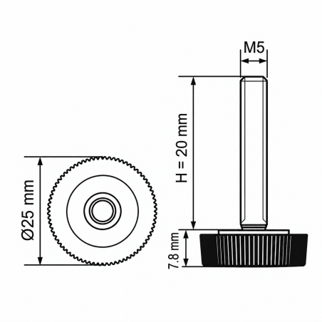 Rändel-Stellfuß Ø25 M5x20 - FI25 Stellfuß für Möbel EMFA GmbH