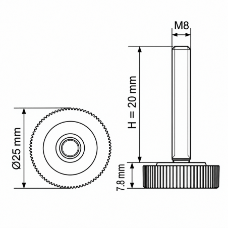 Rändel-Stellfuß Ø25 M8x20 - FI25 Stellfuß für Möbel EMFA GmbH