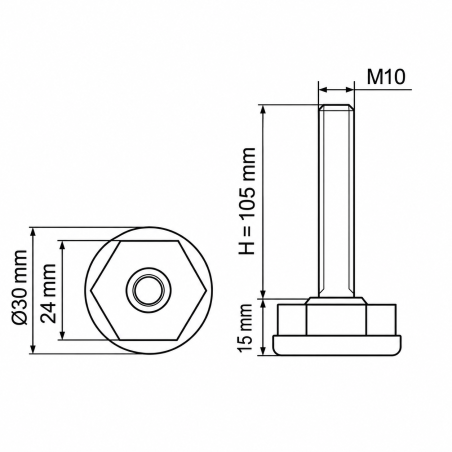 Justierfuß Ø30 mit Sechskant M10x105 Stellfuß für Möbel EMFA GmbH
