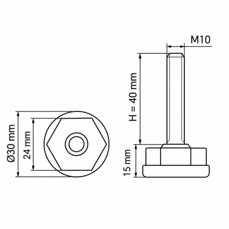Justierfuß Ø30 mit Sechskant M10x40 Stellfuß für Möbel EMFA GmbH