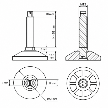 Justierfuß mit oberer Verstellung Ø50 M12x53/63 - FI50 Stellfuß EMFA GmbH