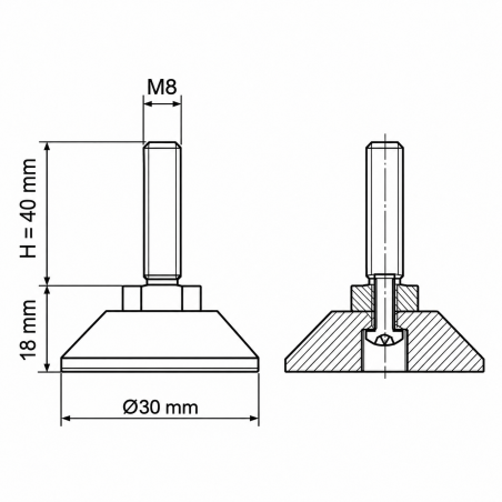 Justierfuß mit Gelenk M8x40 - FI30 Nivellierfuß EMFA GmbH