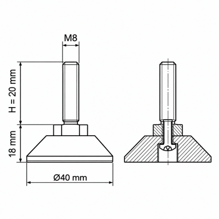 Justierfuß mit Gelenk M8x20 - FI40 Schwarz Justierfuß mit Gelenk M8x20 - FI40 Nivellierfuß EMFA GmbH