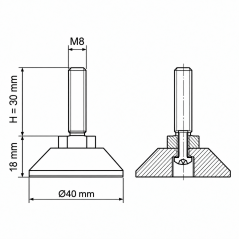 Justierfuß mit Gelenk M8x30 - FI40 Schwarz
