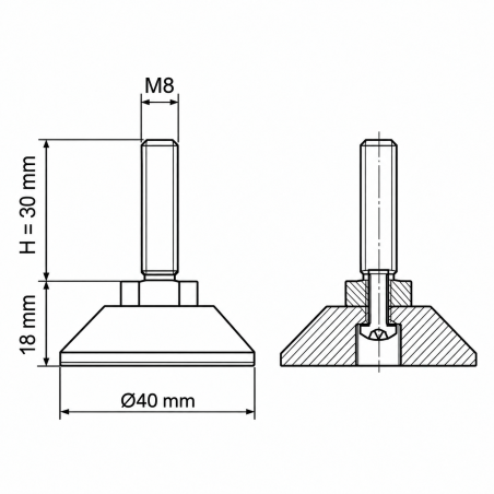 Justierfuß mit Gelenk M8x30 - FI40 Schwarz Justierfuß mit Gelenk M8x30 - FI40 Nivellierfuß EMFA GmbH