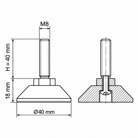 Justierfuß mit Gelenk M8x40 - FI40 Schwarz Justierfuß mit Gelenk M8x40 - FI40 Nivellierfuß EMFA GmbH