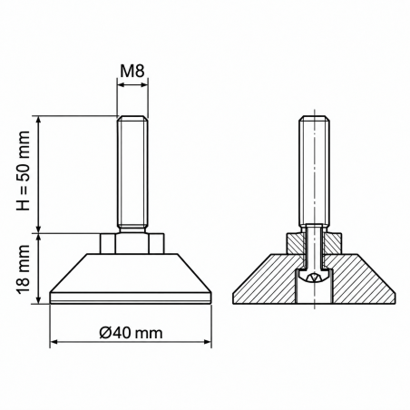 Justierfuß mit Gelenk M8x50 - FI40 Schwarz Justierfuß mit Gelenk M8x50 - FI40 Nivellierfuß EMFA GmbH