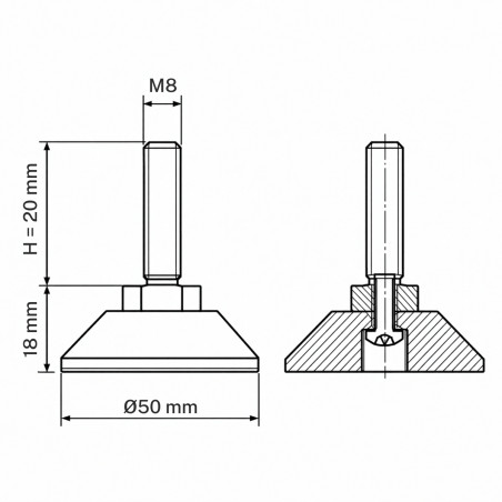Justierfuß mit Gelenk M8x20 - FI50 Schwarz Justierfuß mit Gelenk M8x20 - FI50 Nivellierfuß EMFA GmbH