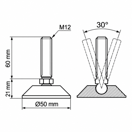 Gelenkstellfuß Ø50 M12x60 - FI50 Schwarz Gelenkstellfuß Ø50 M12x60 - FI50 Nivellierfuß EMFA GmbH
