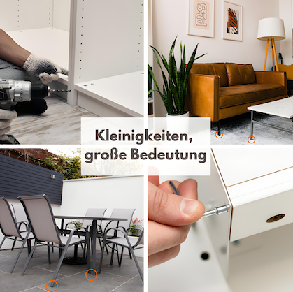 Kollage, die die Bedeutung kleiner Details bei der Inneneinrichtung und Möbelmontage zeigt. Bilder zeigen Möbelmontage, gemütliches Wohnzimmer, Gartenmöbel-Set und das Eindrehen einer Schraube. Zentraler Text: Kleinigkeiten, große Bedeutung.